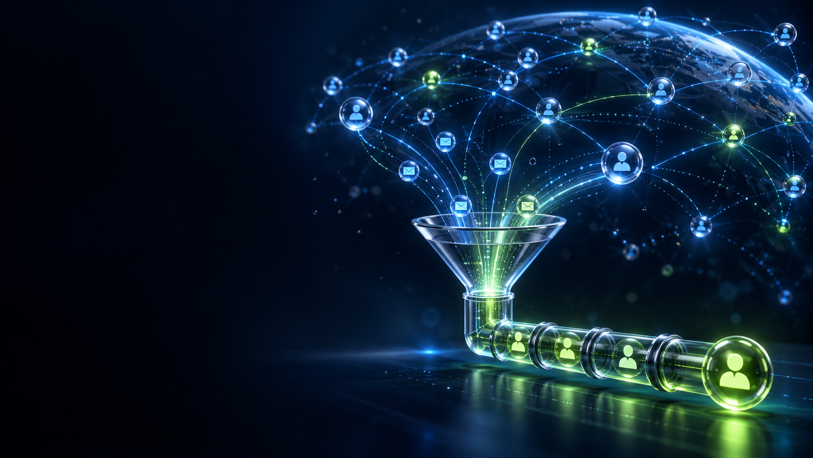 Abstract connected business network flowing into a focused sales pipeline